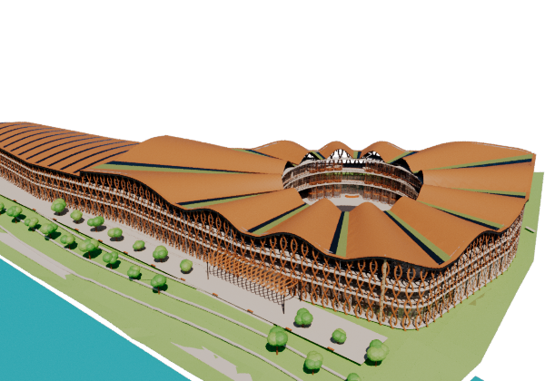 Actual model draft of the folded roof, open sky court and river terraces