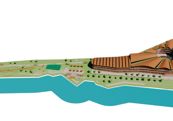 The Besi landscape model, with river park and terraced mall
