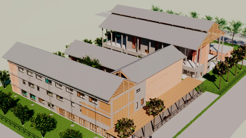 The complete school with its pitched roofs and courtyard wings